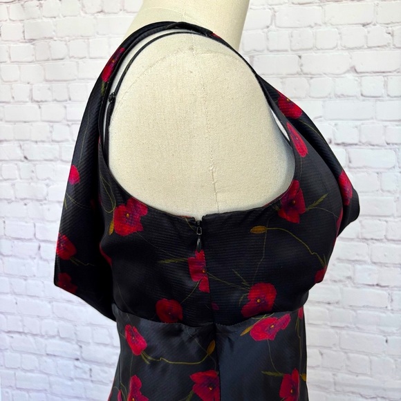 NICHOLAS Finley Silk Asymmetrical Draped Black Poppy Floral Midi Dress--4 - Picture 7 of 16